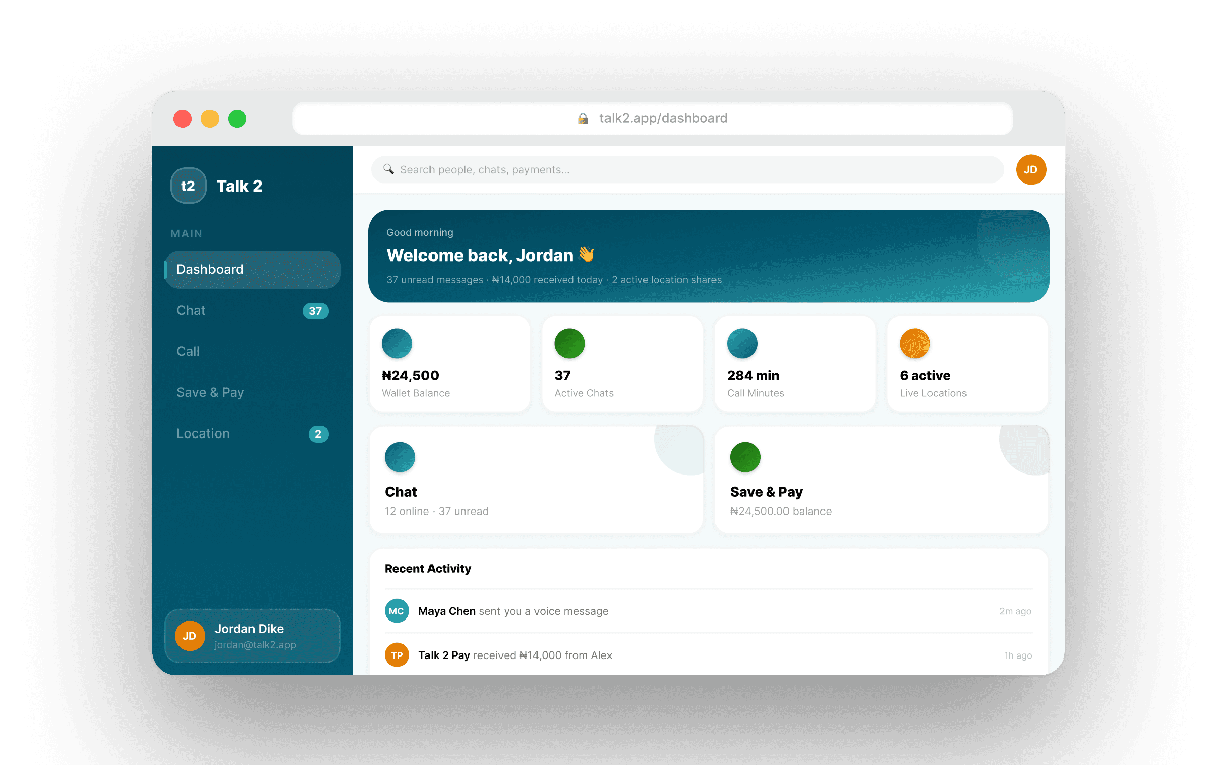 The Talk 2 dashboard: wallet balance, active chats, call minutes and recent activity.